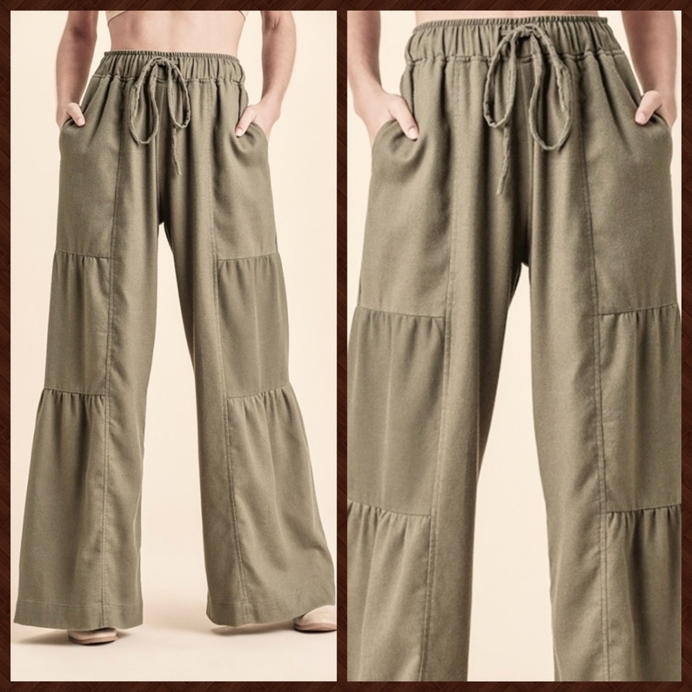 UMGEE Side Tiered Wide Flared Leg Pants Elasticized Waist, Drawstring & Pockets - Picture 3 of 16